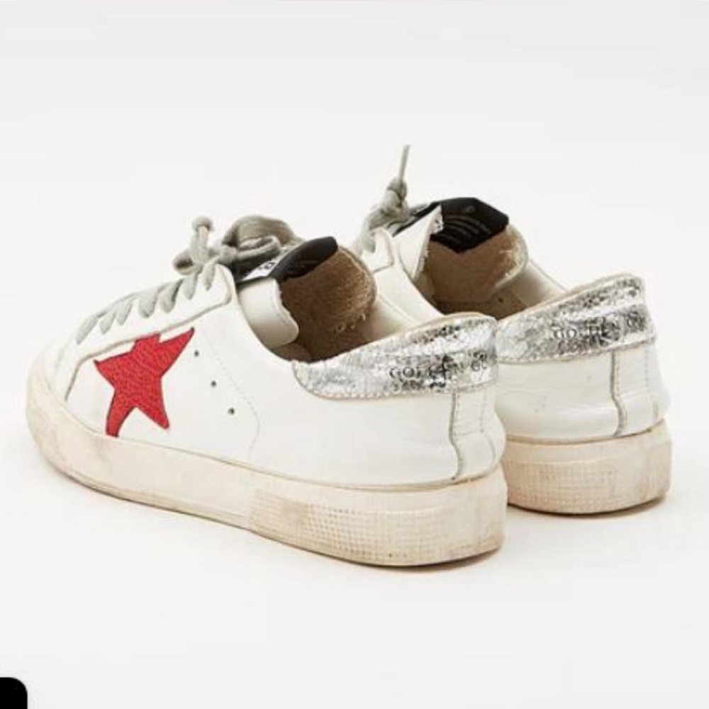 Golden Goose May White Sneakers with Red Star and Silver Accents